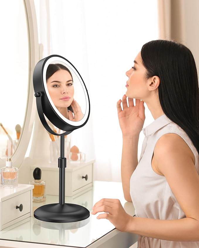 Benbilry Lighted Makeup Mirror with 10X Magnification & 3 Color Lights, Adjustable Brightness & Height, 7 Inch 360° Swivel Rechargeable LED Magnifying Make Up Mirror with Lighting (Black)