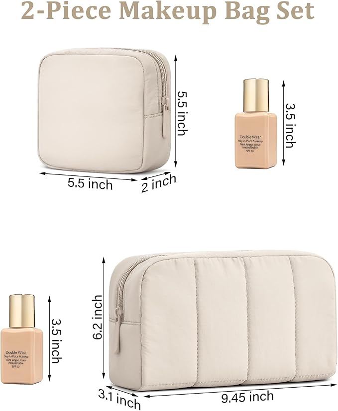 oscaurt 2 Pcs Makeup Bag Travel Toiletry Bag for Women Puffy Padded Cosmetic Pouch Purse Wide-open Makeup Organizer Case Travel Essentials