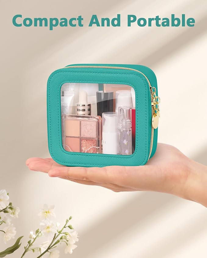 Mini Makeup Bag, Small Makeup Bag for Purse, Waterproof Clear Makeup bag, Leather Cosmetic Bag, Square Make Up Bag Pouch, Toiletry Bag for Travel, Car and Women, Green
