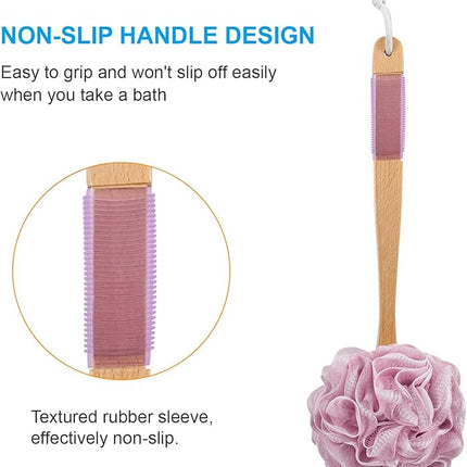 AmazerBath Shower Sponge Loofah Back Scrubber, PE Soft Mesh Loofah Body Scrubber with Long Wooden Handle, Bath Sponge for Men Women (Pink)