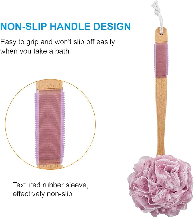 AmazerBath Shower Sponge Loofah Back Scrubber, PE Soft Mesh Loofah Body Scrubber with Long Wooden Handle, Bath Sponge for Men Women (Pink)