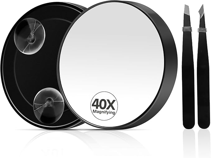 40X Magnifying Mirror, Magnifying Mirror Suction Cup, Travel Makeup Mirrors with Precise Tweezers, Compact Mirrors for The Removal of Female Facial Hair, 3.5 Inches (Black)