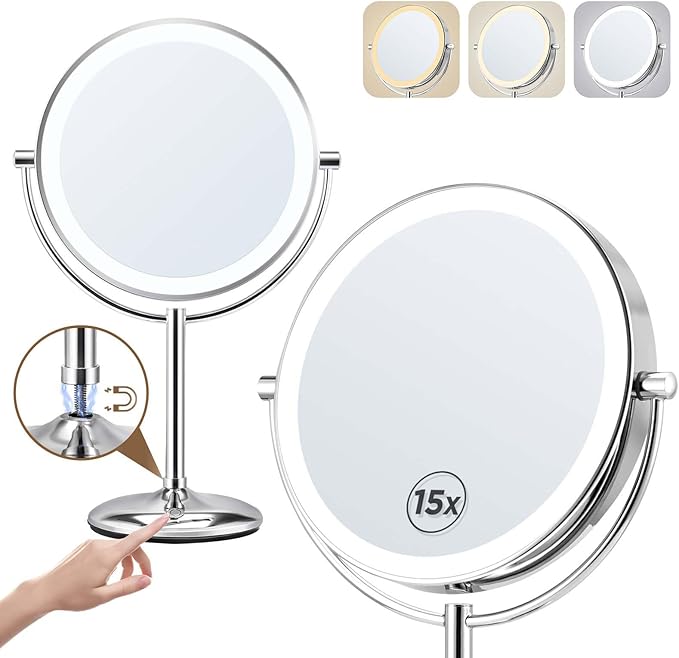 9" Makeup Mirror with Lights: 1X/15X Magnifying Mirror with Lights, Rechargeable Make Up Mirrors with 3 Colors, Light up Mirror, Chrome