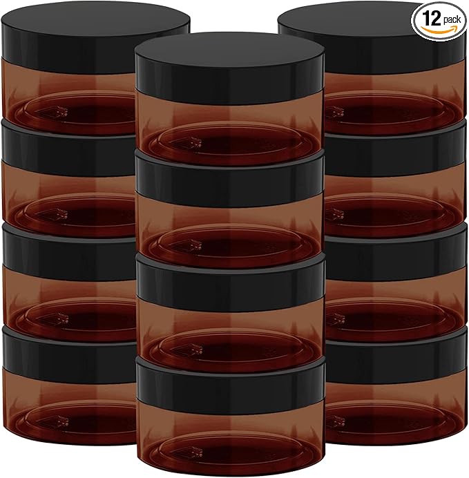 8 oz Amber Plastic Cosmetic Jars Leak Proof Container with Black Lid for Cream, Lotion, Powder, ointment, Beauty Products etc, 12 Pcs.