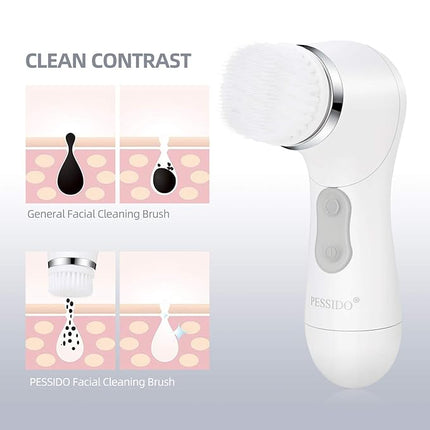 Facial Cleansing Brush, Waterproof Spin Face Brush Set with Holder and 6 Brush Heads, Gentle Exfoliating, Deep Cleansing, Massaging and Removing Blackhead for Women and Men (White)