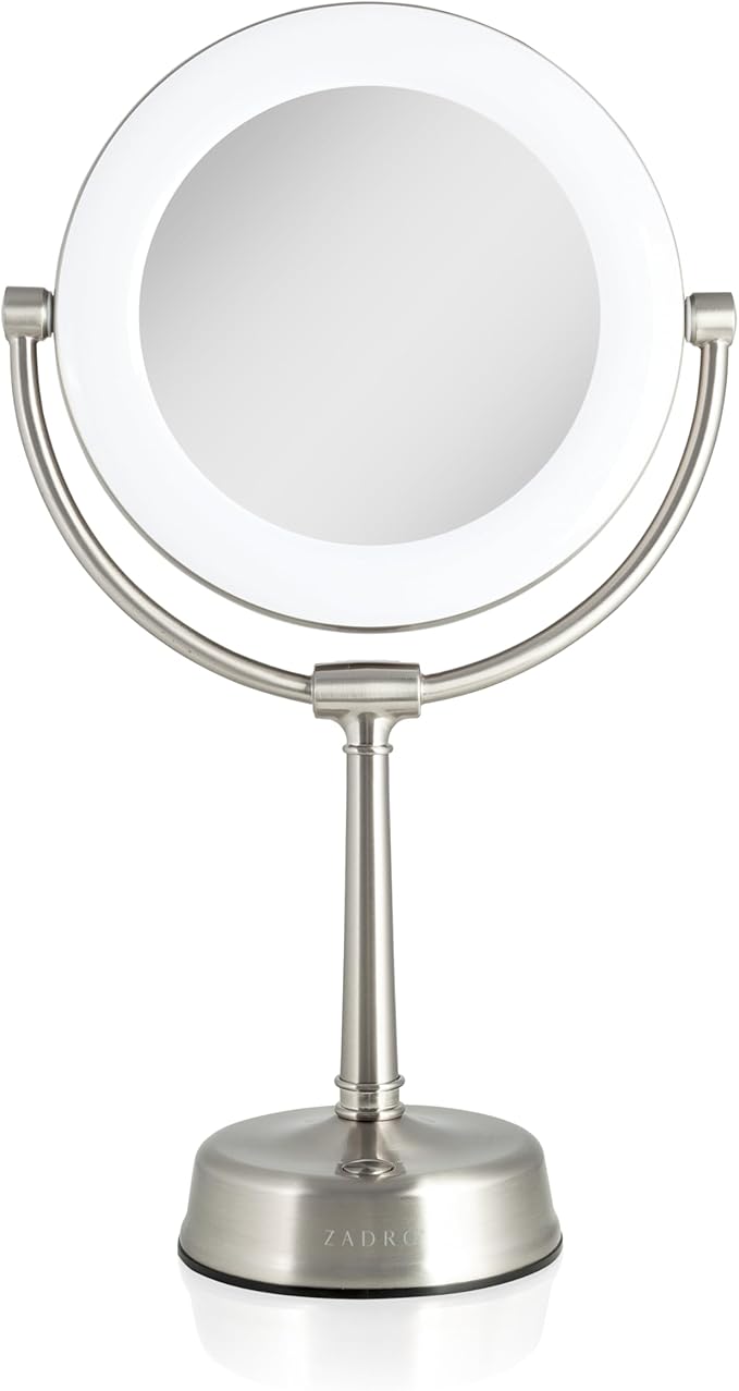 Zadro Lexington LED Lighted Makeup Mirror with Magnification Two-Sided Swivel Mirror with Lights for Makeup Desk Vanity (10X/1X, 12" W x 20" H, 10" Head, 7.5" Mirror, Satin Nickel)