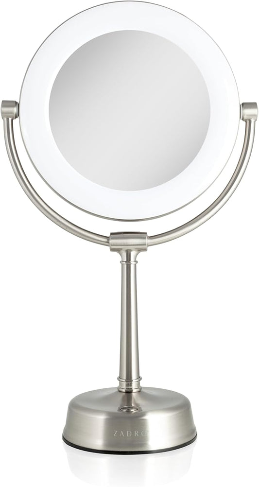 Zadro Lexington LED Lighted Makeup Mirror with Magnification Two-Sided Swivel Mirror with Lights for Makeup Desk Vanity (10X/1X, 12" W x 20" H, 10" Head, 7.5" Mirror, Satin Nickel)
