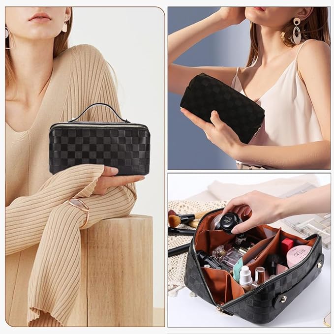 Checkered Travel Makeup Bags Cosmetic Organizer Bag: 2-Set Large Capacity Waterproof Makeup Bag - PU Leather Toiletry Bag for Women - Wide Open Portable Pouch with Handle and Divider (BLACK)