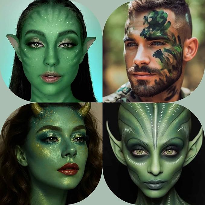 BOBISUKA Dark Green Face Body Paint, Water-Based Face Painting Kit & Body Paints, Kids Adults Facepaint for Halloween Zombie Camo Hunting Orcs Alien SFX Makeup, Costume Cosplay Party Theater & Stage
