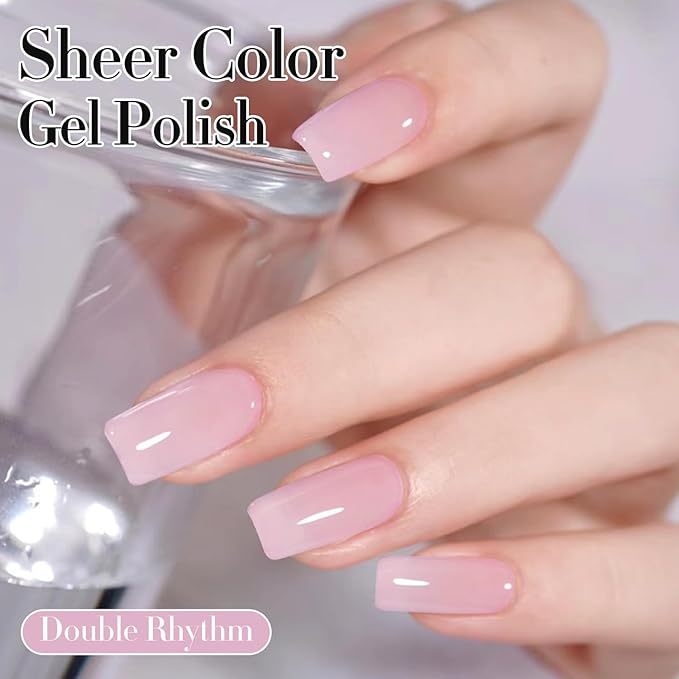Double Rhythm Translucent Gel Polish Sheer Neutral Natural Light Milky Same Color Same Bottle 15ML Jelly Nail Polish Nail Art DIY at Home (Pink Purple-A1314)