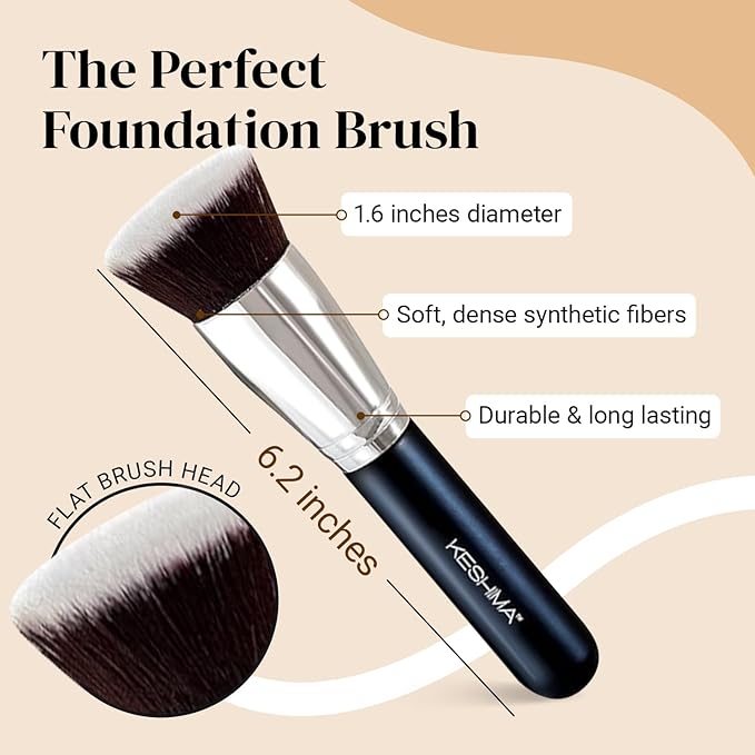 Large Flat Top Kabuki Foundation Brush by Keshima - Premium Makeup Brush for Liquid, Cream, and Powder - Buffing, Blending, and Face - 1.6" Top Diameter