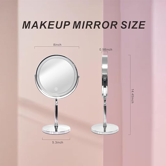 Makeup Mirror with Lights ，8 Inch 1X/10X Rechargeable Double Sided Magnifying , 360° Rotation LED HD Mirror with 3 Colors，Brightness Adjustable, Ideal for Daily Skincare and Professional Makeup