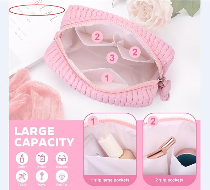 Quilted Makeup Bag Ruffle Cosmetic Bag, Travel Toiletry Bag for Women with Wrist Strap, Cute Makeup Bag Organizer, Portable Aesthetic Make up Organizer Bag for daily work Gift Giving (PINK)
