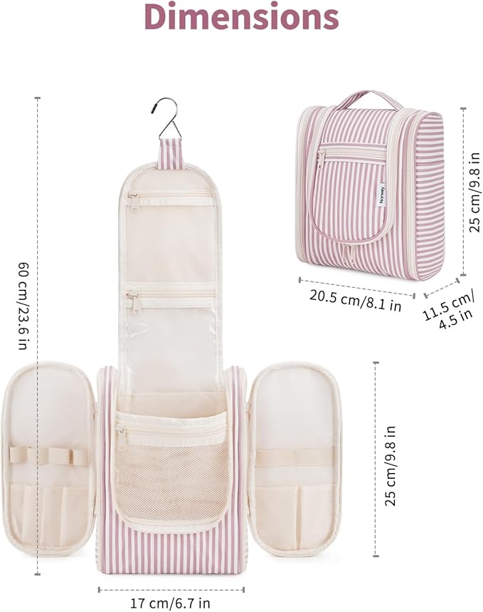 Narwey Small Striped Hanging Travel Toiletry Bag for Women, Travel Bag for Toiletries, Makeup Bag Organizer Cosmetic Bags Make Up Bags for Women (Dusty Rose Stripe)