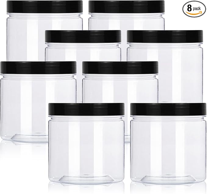 12oz Clear Plastic Storage Jars Containers,8 Pack Refillable Black Wide-Mouth Plastic Slime Storage Containers for Beauty Products,Kitchen & Household Storage - BPA Free