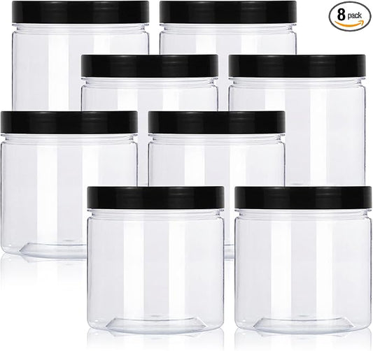 12oz Clear Plastic Storage Jars Containers,8 Pack Refillable Black Wide-Mouth Plastic Slime Storage Containers for Beauty Products,Kitchen & Household Storage - BPA Free