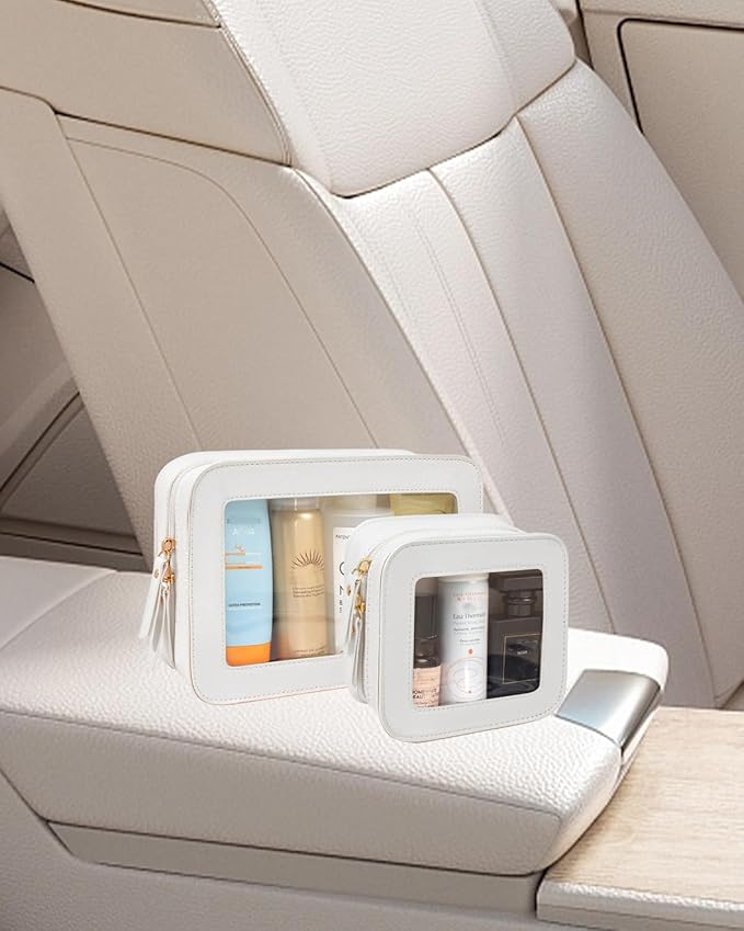 2 Pcs Travel Clear Makeup Bag Set, Clear White Makeup Organizer with Zipper Leather Travel Bags for Toiletries Small Cosmetic Bags for Women Mini Make up Pouch Toiletry Bags Car Essentials