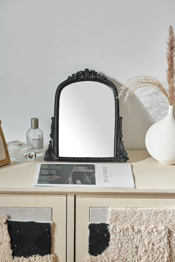 Vintage Black Vanity Makeup Mirror, Antique Arch Table Mirror with Carved Resin Frame, Small Standing Mirror for Bedroom, Living Room, Tabletop (13.2" x 12.8")