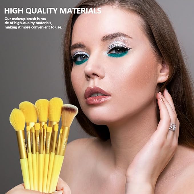 DJMH 13-Piece Makeup Brush Set with Storage Holder, Professional Cosmetic Brushes with Leather Case (yellow)