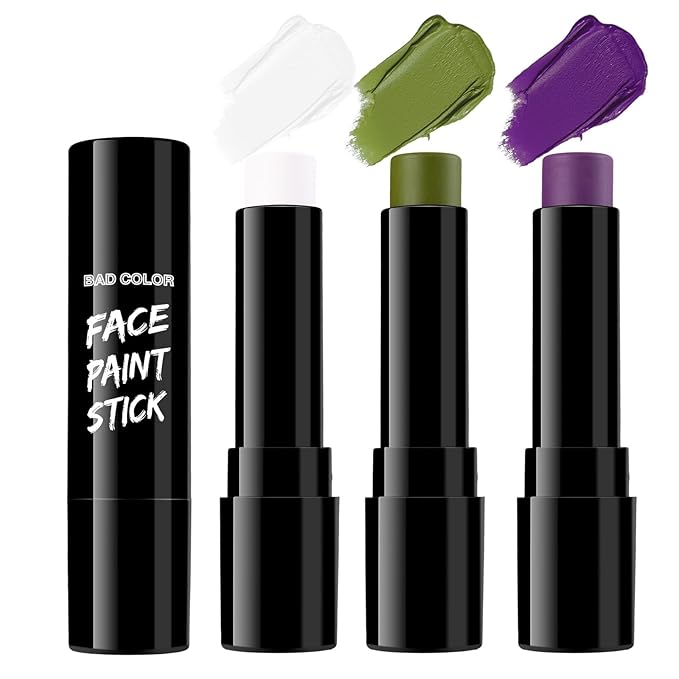 BAD COLOR 3PCS White Ogre Green Purple Face Body Paint Stick Makeup for Beetle-juice/ Frankenstein SFX Cosplay & Dress Up, Full-Coverage Halloween Facepaint Makeup Kit