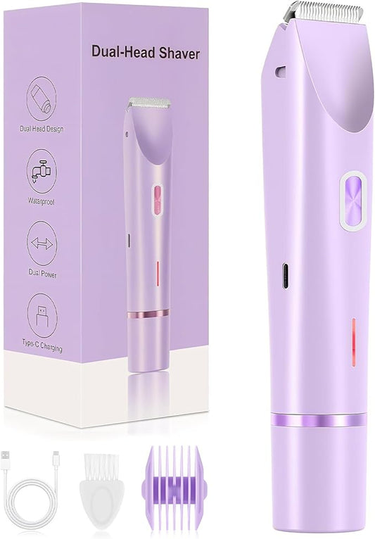 2025 New 2-in-1 Bikini Trimmer for Women, Dermave Bikini Shaver, Hypoallergenic, Wet & Dry IPX7 Waterproof, Cordless Pubic Hair Removal for Bikini, Leg, Arm, Body (Purple)