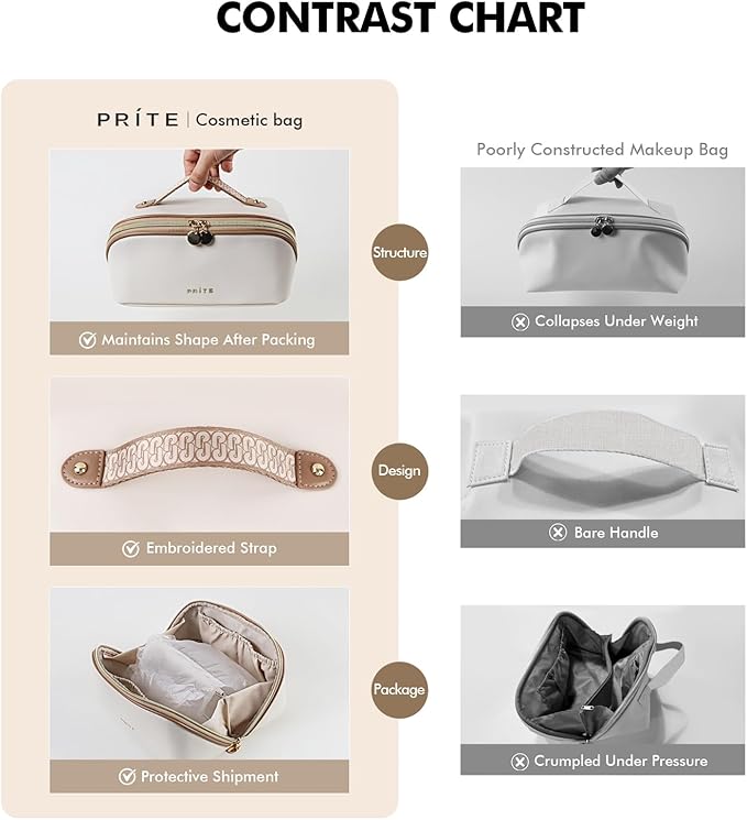 Prite Makeup Bag for Women Travel Waterproof Vegan Leather Cosmetic Bag Open Flat Toiletry Bag With Clear Divider and Handle (Large Beige)