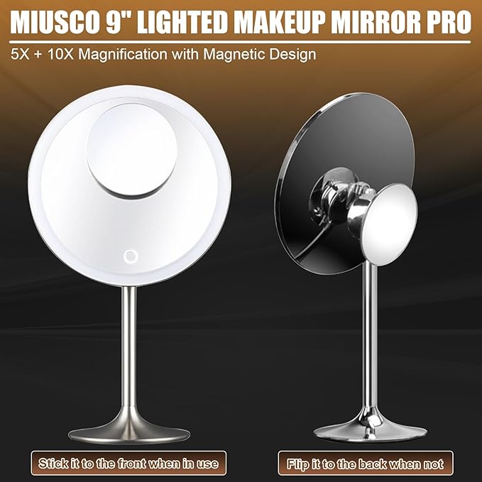 Miusco Makeup Mirror 9" Vanity Mirror with Lights, 5X & 10X Magnification - Front/Back Magnetic Design, Rechargeable & Cordless, Touch Dimming, 90° Adjustable Angle, Metal Frame, Includes USB Cable