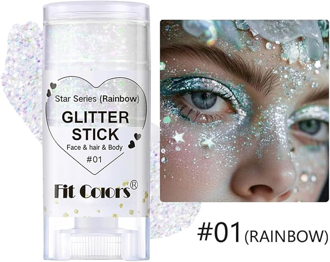 2Pcs Rainbow and Silvery Body Glitter Stick,Hair Face Glitter Gel Makeup for Kids Women,Sparkly Mermaid Face Paint,Singer Concert Outfit Festival Rave