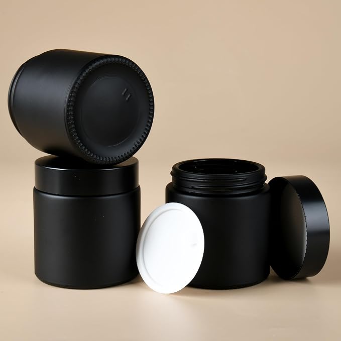 4 oz Reusable Black Glass Container Jars 24 Pack with Wide-mouth Leak Proof Cap and Inner Pull-On Lid for Travel Storage Makeup, Face Creams, Body Lotions, DIY Crafts or Others
