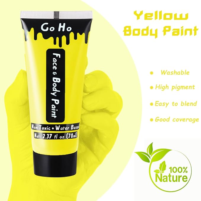 Go Ho Yellow Face Body Paint Washable(2.37oz/pc),Water Based Cream Full Yellow Body Paint for SFX Cosplay Costumes Festivals Halloween Makeup