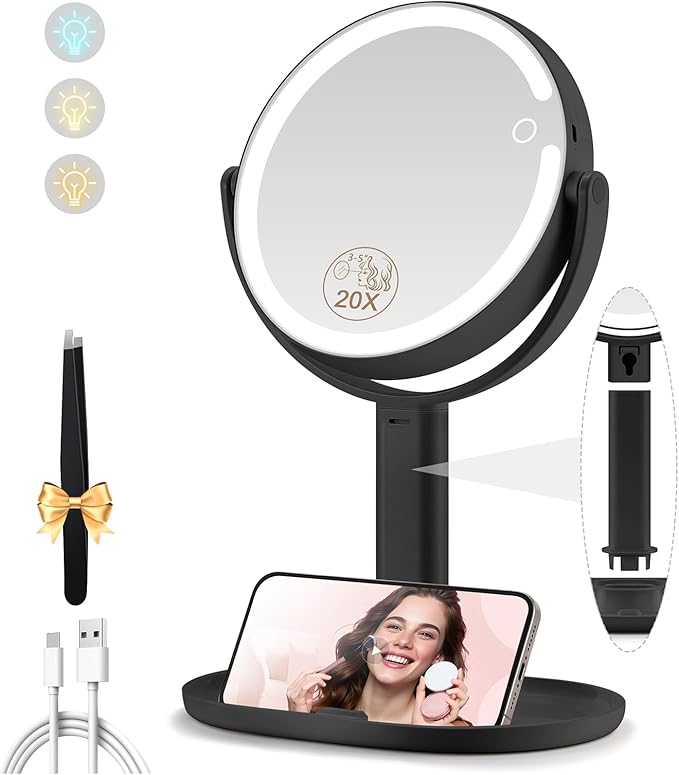 Makeup Mirror with Lights, Double Sided 1x/20x Magnifying Mirror with Light, Rechargeable 3 Color Lights and Adjustable Brightness, 360° Rotation Detachable Comes with Tweezer(Black)
