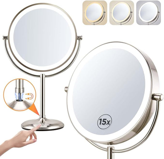 15X Lighted Makeup Mirror: 9 inch Magnifying Mirror with Lights, Make Up Mirrors Stand Up Double Sided, Rechargeable 3 Color Dimmable, Brushed Nickel