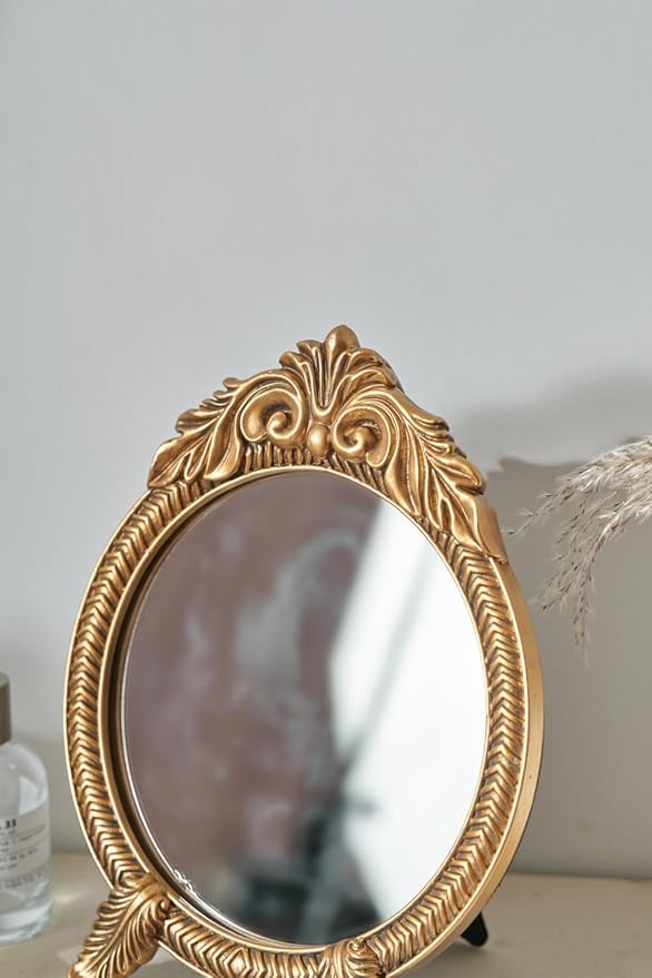 Small Round Gold Vintage Vanity Mirror – 9.5" x 12.5" Small Baroque Desktop Mirror, Antique Freestanding Dressing Table Mirror for Bedroom, Living Room, and Countertop Décor