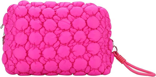 Quilted Ruffle Makeup Bag, Travel Toiletry Organizer for Women with Wrist Strap, Cute Aesthetic Cosmetic Bag for Daily, Work, Ideal Gift (HOT PINK)
