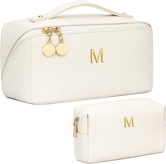 Birthday Gifts for Women Teen Girl, Personalized Initial Makeup Organizer Bag Set, Open Flat Travel Cosmetic Bag With Clear Divider and Handle(Beige,M)