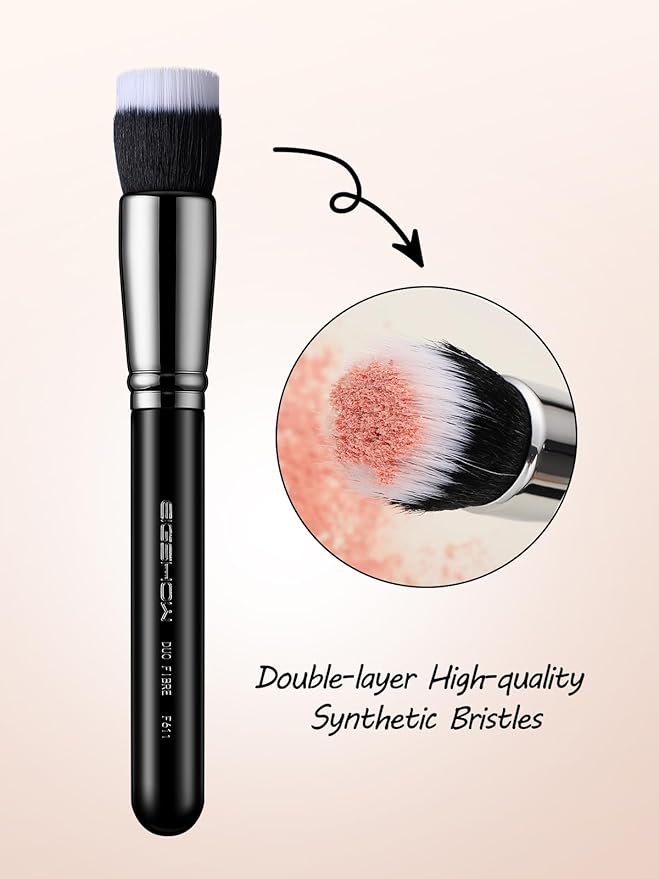 Stippling brush, EIGSHOWBEAUTY Stipple Makeup Brush Duo Fiber Wood Handle Perfect for Foundation, Blending, Powder, Highlight, Cream, Blush, Mineral Makeup (F611)