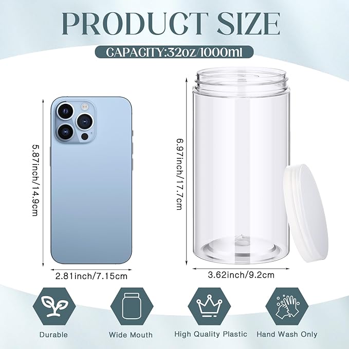 Patelai 4 Pieces Round Wide-mouth Leak Proof Plastic Container Jars with Lids for Travel Storage Makeup Beauty Products Face Creams Oils Salves Ointments DIY Making(32 Ounce,Clear)