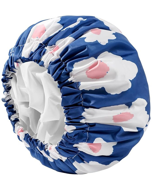 YIZIJIZI Shower Cap,Shower Caps for Women Reusable Waterproof,Two Layer Large Shower Caps Reusable Suitable for All Types of Straight Hair, Curly Hair, Long Hair,Braids (Blue flowers)