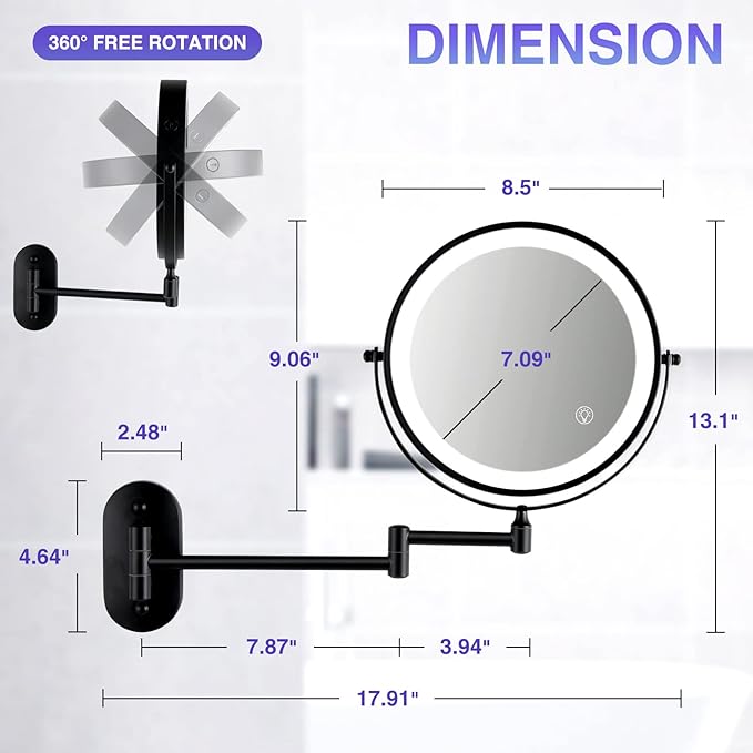 Rechargeable Wall Mounted Makeup Mirror, 8.5 inch Double-Sided 1/10x Magnifying Bathroom Mirror with 3 Color Lights, Lighted Vanity Mirror with 2-Touch Screen Dimming & Luminance Memory