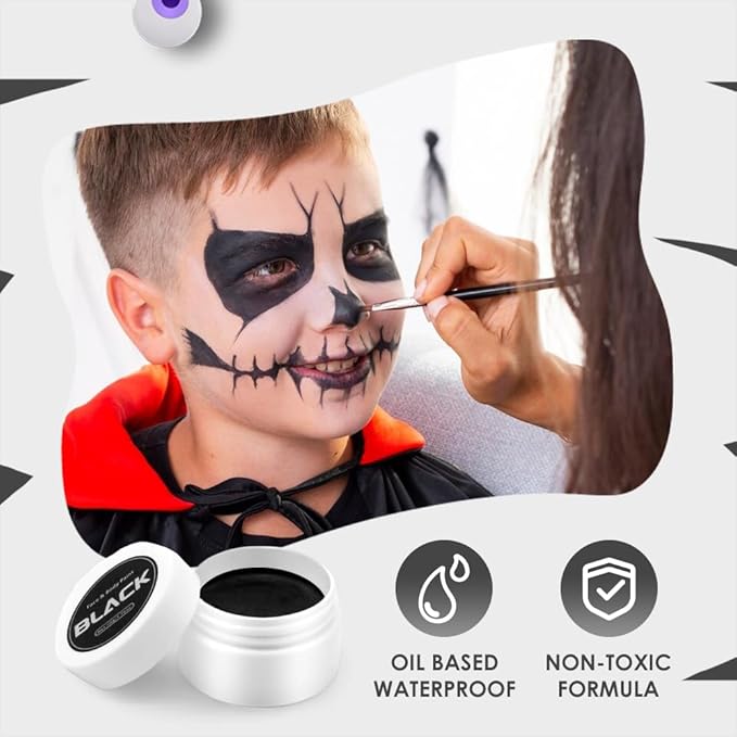 Goth White Foundation Black Red Face Body Paint, 2025 Halloween Decorations Makeup for Body Face, 50ML Halloween Decor Painting Makeup Kit with Brushes for Skeleton Ghost (White + Black+Red)