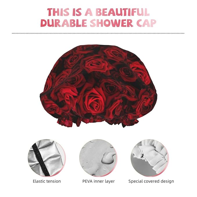 Red Rose Flowers Shower Cap For Women Reusable Waterproof Double Layers Bath Cap Hair Protection Elastic Ladies Spa Salon Shower Hat