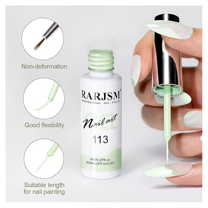 RARJSM Nail Art Liner Gel Nail Polish,Pastel Green Spring Summer Colors Pigment Gel Art Paint for Swirl Nails Painting Design Detailing Built in Thin Sharp Nail Brush Soak off Curing Required 8ml