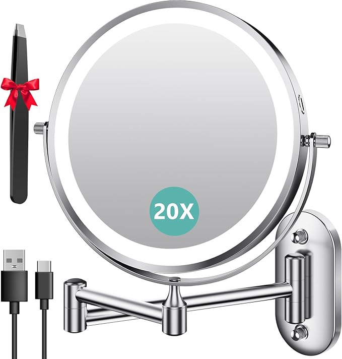 1X/20X Wall Mounted Makeup Mirror with Light, 8" Rechargeable Double-Sided Magnifying Mirror, Vanity Mirror Dimmable 3 Color Light, 360° Extension Rotation Foldable 14.5 Inch Arm, Chrome