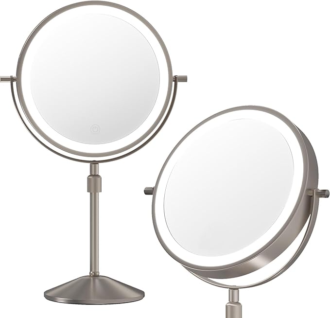 Garvee Lighted Makeup Mirror, Rechargeable Height Adjustable Double Sided Vanity Mirror, 1x/10x True HD Magnifying, Brightness Adjustable, Three Colors, 360° Rotation Vanity, Gift for Women, Nickel