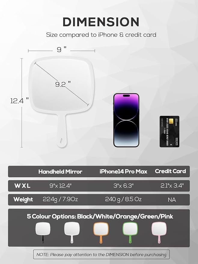 Extra Large Handheld Mirror，Hand Salon Mirror with Handle for Barbers, Hairdressing (White，12.4" Lx 9" W)