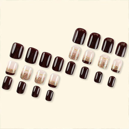 Fall Press on Nails Square Short Brown French Tip Nails Press Ons 24 Pcs Glossy Glitter Designs