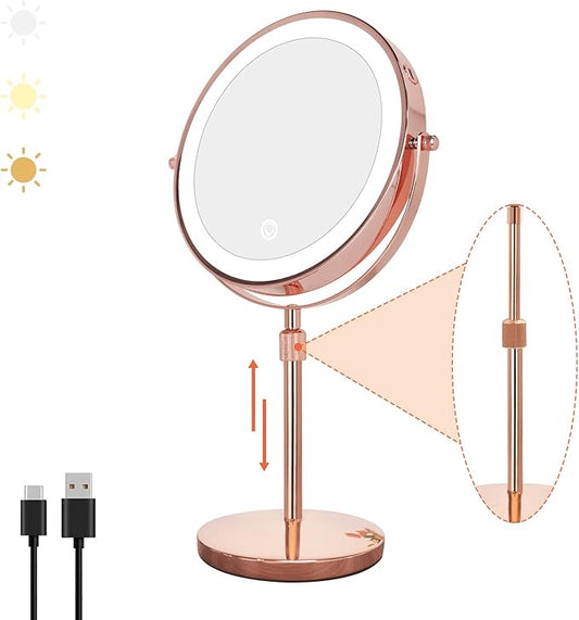 Nicesail LED Makeup Mirror 10X Magnification, 8 Inch Light Magnifying Mirror with 3 Color Light, Height Adjustable Brightness Vanity Mirror with Stand, 360 Rotation Double Sided for Make up, Rose Gold
