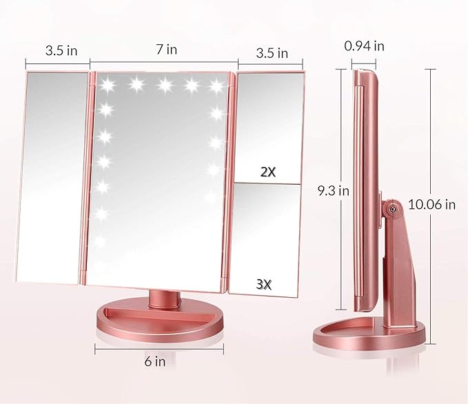 Trifold Makeup Mirror Vanity Mirror with Lights,1X 2X 3X Magnification,Touch Screen,180 Adjustable Rotation,Portable Travel Bathroom Cosmetic Mirror