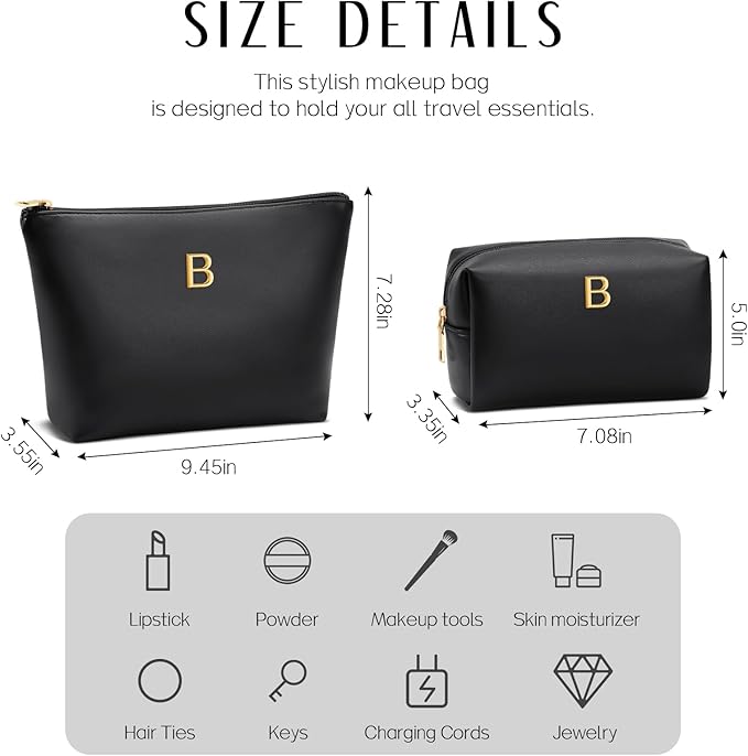 Women Gifts | Initial Makeup Bag Set for Girl Personalized Gifts for Bridesmaid Friend Graduation Teachers PU Leather Cosmetic Travel Toiletry Bag(Black,B)