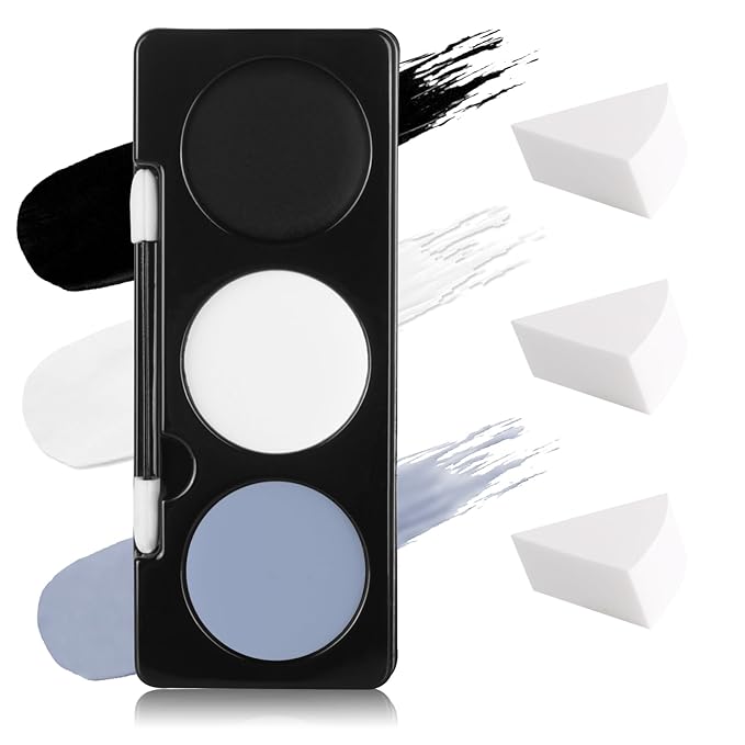 Black White Light Grey Face Paint + 3PCS Sponge + Brush,3 Colors Gray Body Paint for Zombie Skeleton Skull Vampire,Halloween SFX Makeup Kit,Eye Black for Baseball/Softball/Football,21g